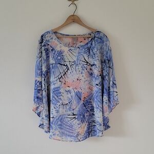 Chico's Sheer Poncho Topper Blue White Butterfly Print Size L/XL